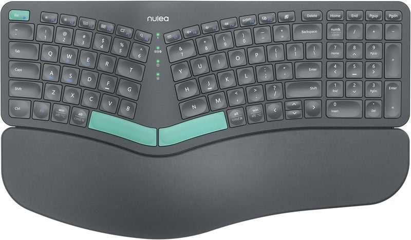Nulea Wireless Ergonomic Keyboard, Split Keyboard with Cushioned Wrist Rest, USB and Bluetooth Connectivity, USB-C Rechargeable, Compatible with Windows Mac - Image 1